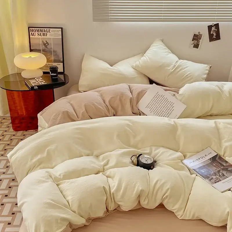 Cream-colored plush quilted duvet set with soft cozy texture and subtle sheen in cotton bedding set for bedroom