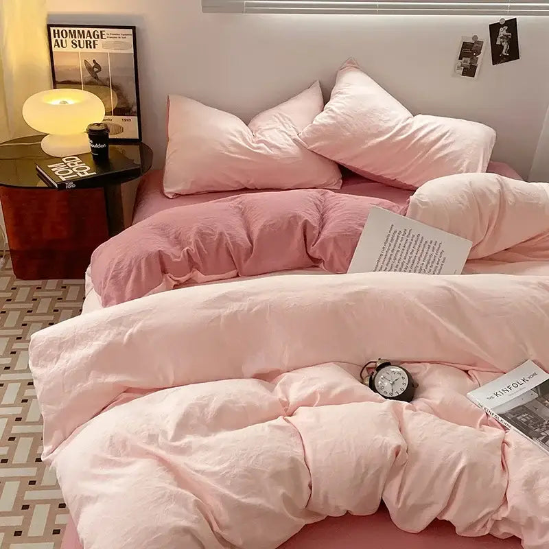 Pink quilted bedding set with soft plush fabric in cotton bedding set for cozy layered bedroom style