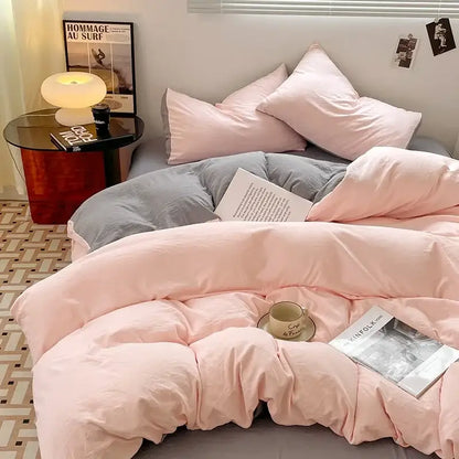 Pink and gray cotton bedding set with soft plush fabric from lavender and black cotton bedding collection