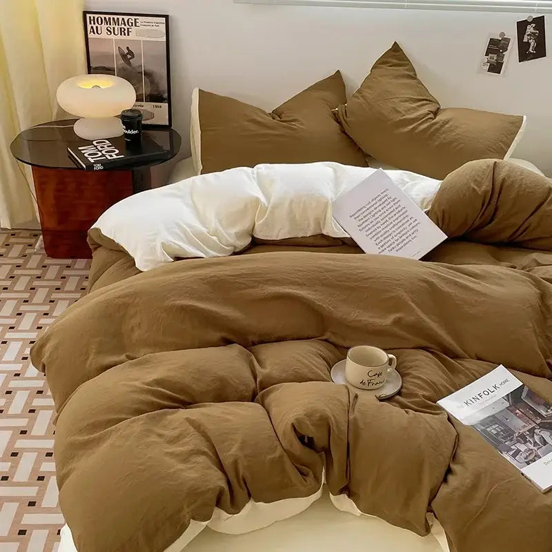 Warm brown cotton bedding set with plush texture and cozy white inner layer for a soft bedroom duvet experience