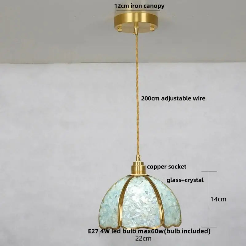 Lavender crystal glass led pendant light with delicate light blue decorbites crystal glass and brass iron canopy