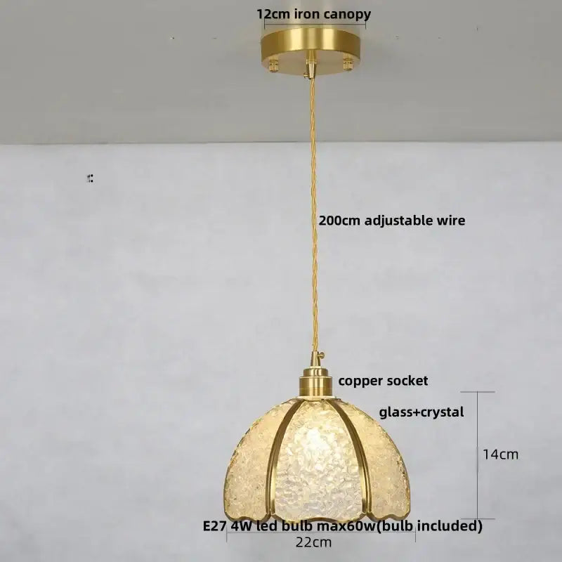 Gold-toned decorbites crystal glass led pendant light with textured shade, adjustable wire, and brass finish iron canopy