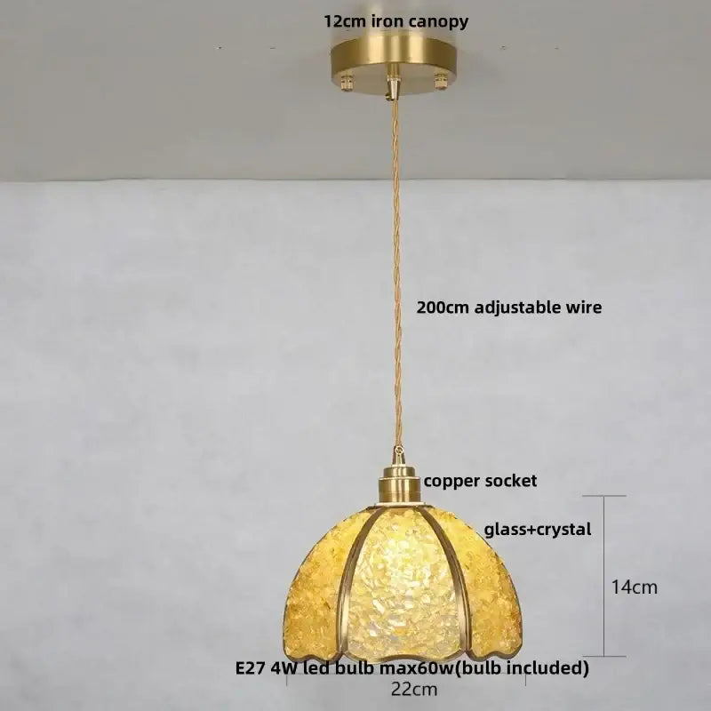 Golden brass pendant light with decorbites crystal glass textured shade and lavender crystal glass led feature
