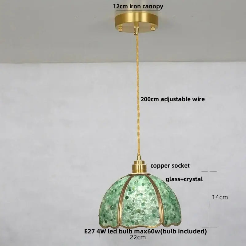 Lavender crystal glass led pendant light with green decorbites crystal glass, brass finish canopy, and copper socket