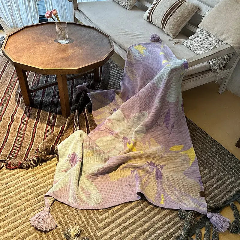 Lavender floral cozy decorbites cozy knit blanket with tassels in pastel yellow cream for living room decor
