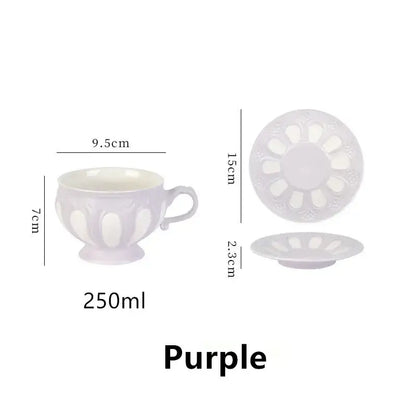 Purple ceramic teacup with floral relief and matching saucer in elegant porcelain tea set by decorbites