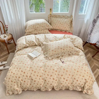 Cream-colored bedding set with delicate ruffled edges and soft cotton texture featuring decorbites gardenia print princess design