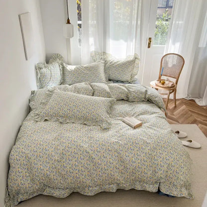 Lavender floral ruffled bedding set featuring soft pastel gardenia print princess hues in a decorbites gardenia print design