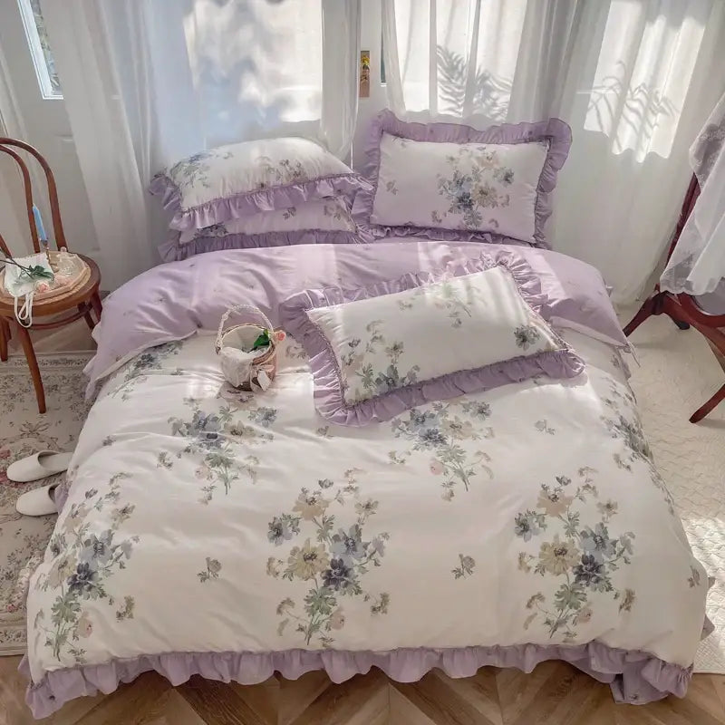 Lavender floral ruffled bedding set with delicate embroidered patterns in soft pastel hues decorbites gardenia print princess