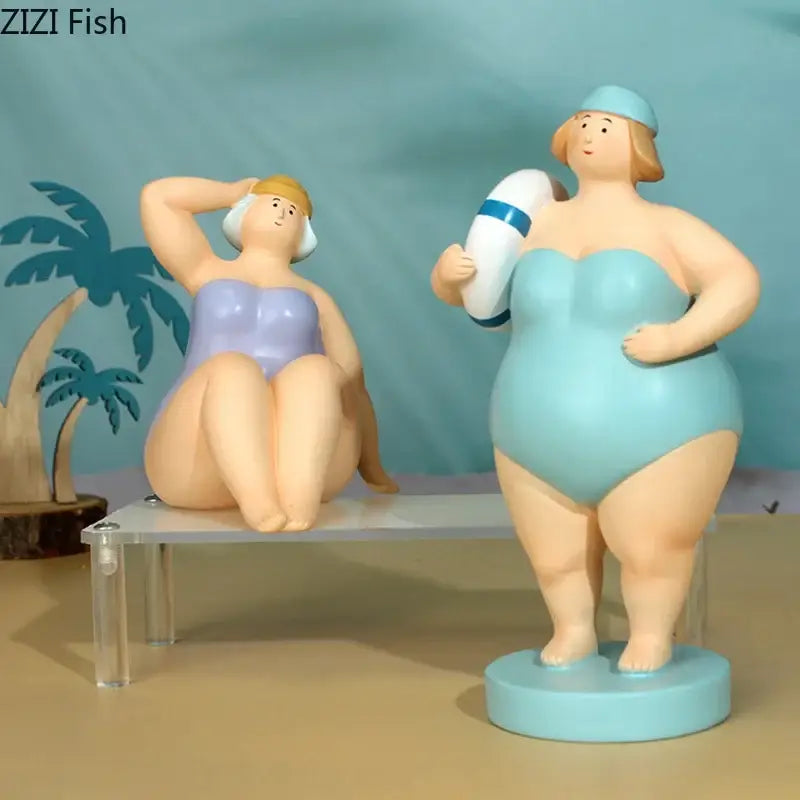 Two stylized swimsuit women resin figurines in lavender and pink beach swimsuits for living room decor