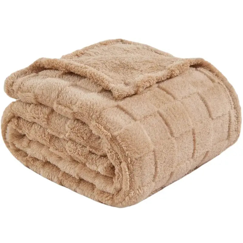 Beige plush cozy fluffy blanket with quilted diamond pattern soft texture perfect for living room decorbites cozy throw