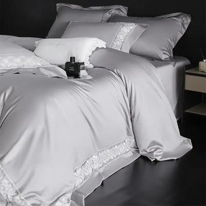Silver satin duvet cover with delicate white lace embroidery trim from lavender and silver lace embroidery bedding set decorbites 1200tc egyptian