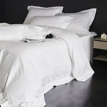 White satin duvet cover with delicate lace embroidery trim from lavender and silver lace embroidery bedding set decorbites 1200tc Egyptian