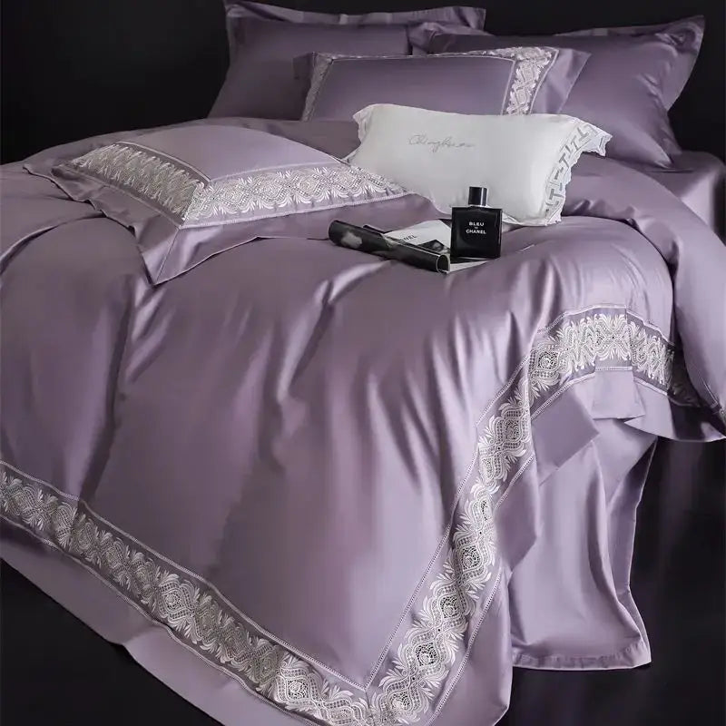 Lavender satin bedding set with silver lace embroidery edges by decorbites 1200tc Egyptian for luxe bedroom decor
