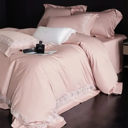 Pink satin bedding set with delicate white lace embroidery trim featuring decorbites 1200tc egyptian luxe quality