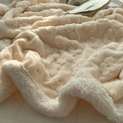 Cream-colored plush lavender and white cozy lamb wool flower throw blanket with soft textured surface for bedroom decorbites cozy lamb