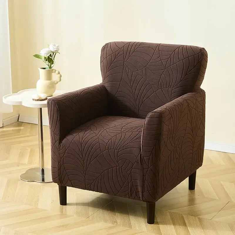 Brown leaf-patterned jacquard elastic chair cover made of stretch fabric for dining room use