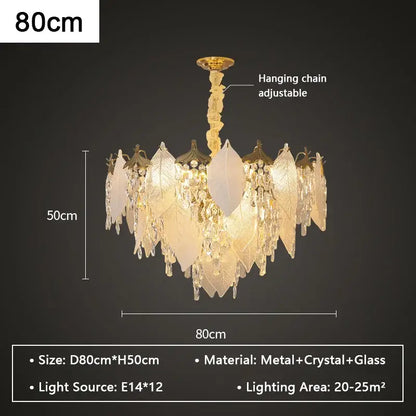 Elegant 80cm wide pendant light with gold-toned metal frame frosted glass leaf accents and crystal glass chandelier droplets