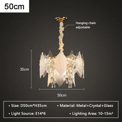Leaf shaped gold and crystal glass chandelier pendant light with intricate leaf crystal glass shades for dining room decorbites