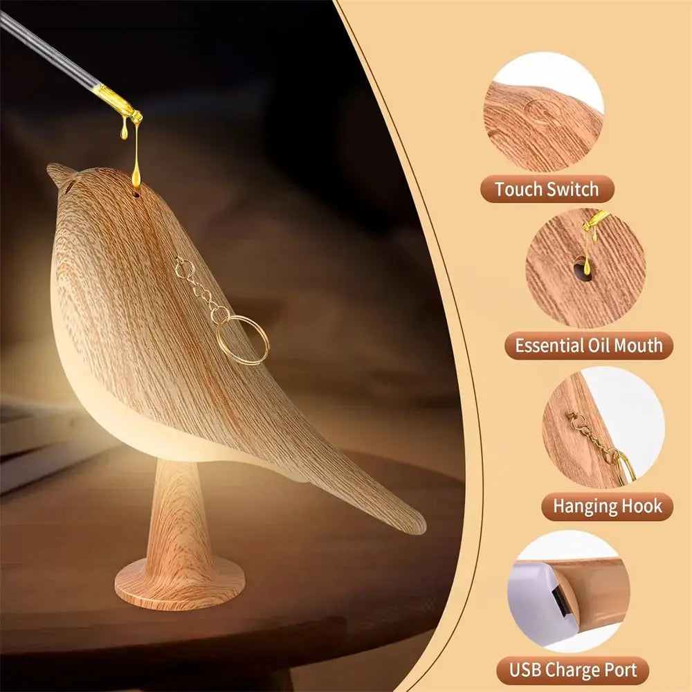 Wooden bird lamp bedside lamp with warm glow touch control usb rechargeable art deco design with essential oil diffuser