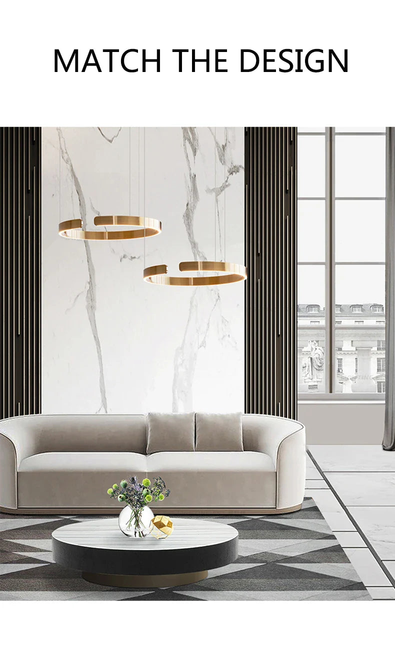 Gold circular led chandelier light with modern round rings design for dining room kitchen and bar fixtures
