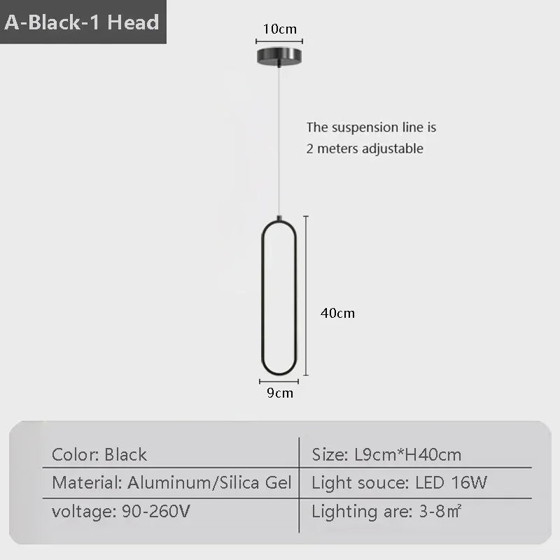 Black gold led pendant light with sleek aluminum and silica gel elongated oval design for indoor decor lighting