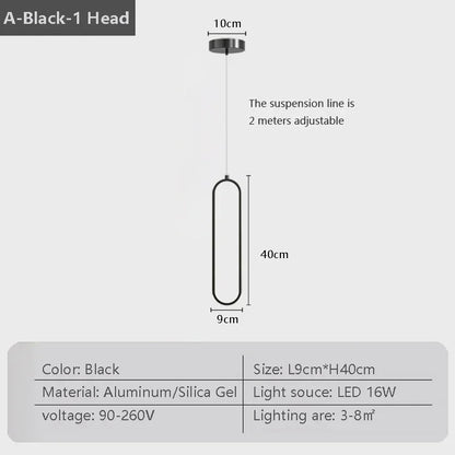 Black gold led pendant light with sleek aluminum and silica gel elongated oval design for indoor decor lighting