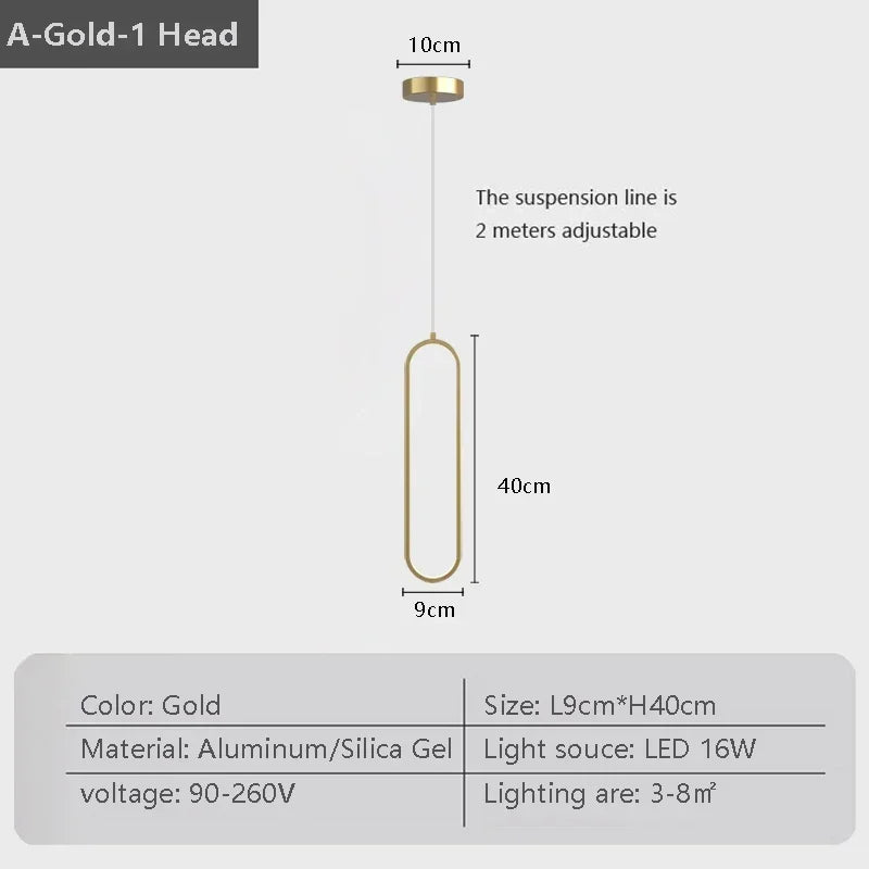 Gold-colored black gold led pendant light with elongated oval aluminum and silica gel design for indoor decor