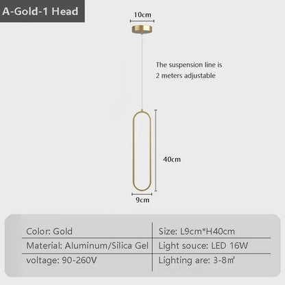 Gold-colored black gold led pendant light with elongated oval aluminum and silica gel design for indoor decor