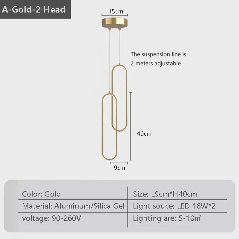 Gold-colored black gold led pendant light with two interlocking oval aluminum and silica gel arms for indoor decor