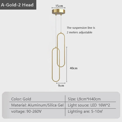 Gold-colored black gold led pendant light with two interlocking oval aluminum and silica gel arms for indoor decor