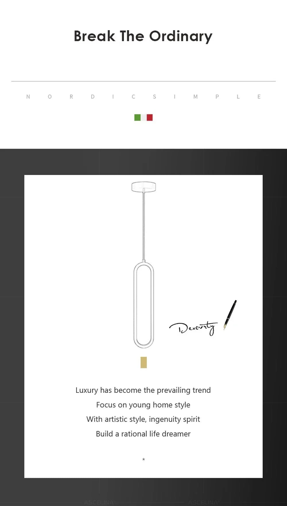 Minimalist black gold led pendant light with elongated oval design and thin hanging chain for indoor decor