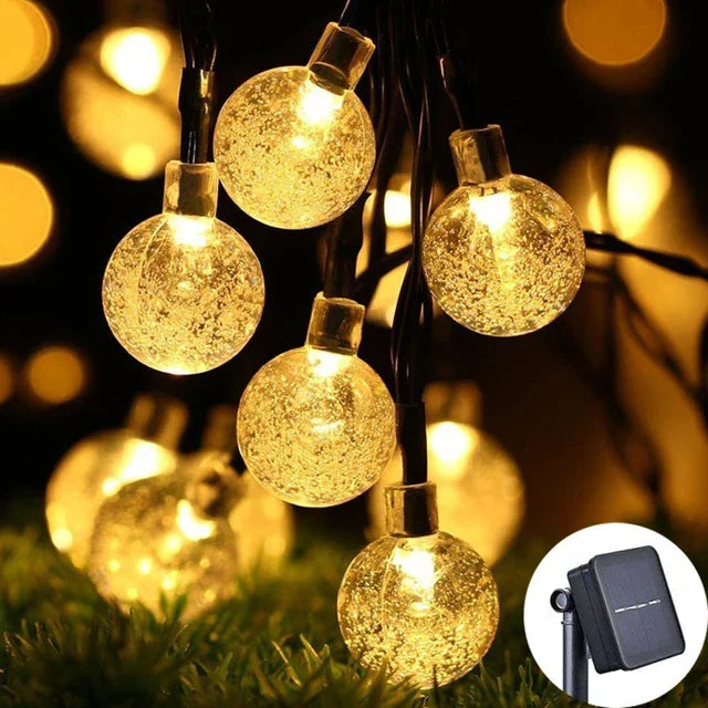 Golden crackled glass solar crystal globe string lights with warm white led for outdoor garden patio and pathway use