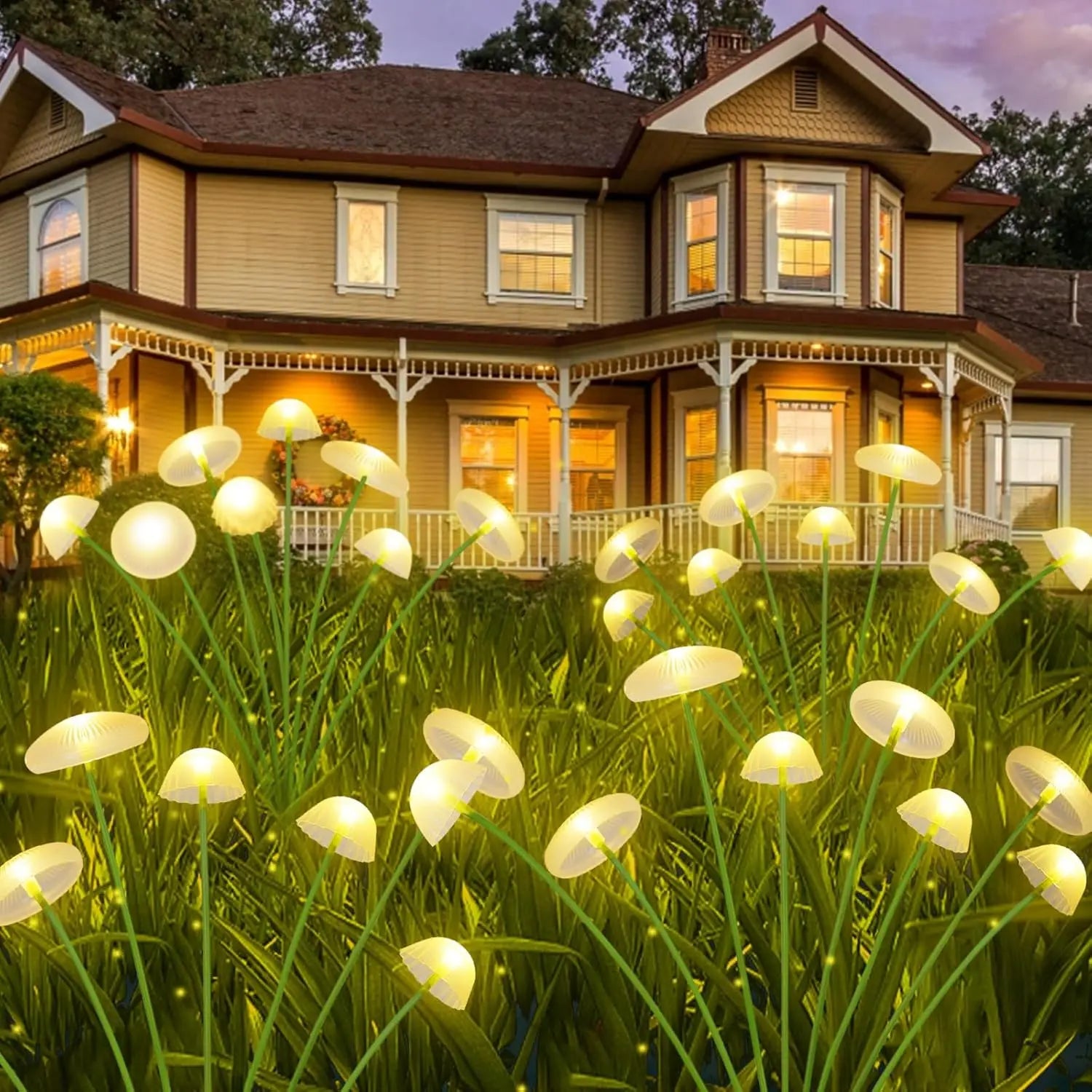 Led solar jellyfish mushroom lamp with glowing white mushroom-shaped lights and slender green stems for garden terraces