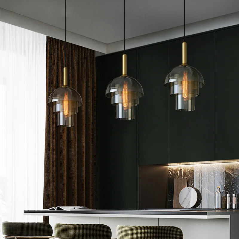 Three tiered glass pendant lights with brass accents in champagne color for vintage led chandelier decor