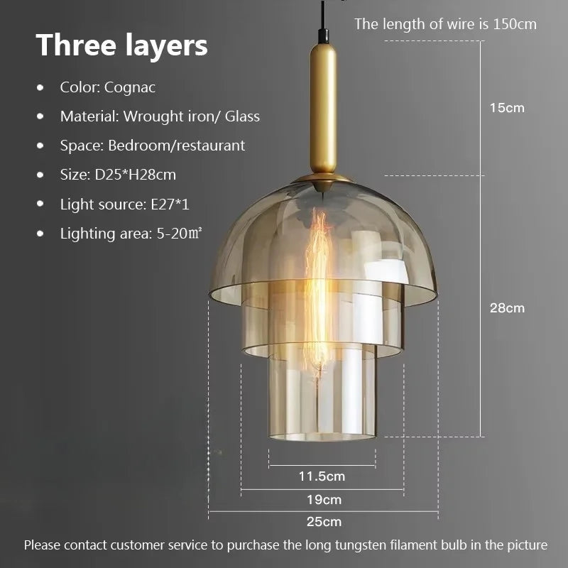 Cognac-colored three-layer led vintage art champagne chandelier pendant lamp made of wrought iron and glass with glowing filament bulb