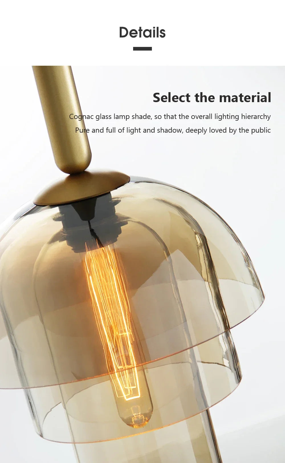 Led vintage art champagne chandelier glass pendant lamp with cognac shade brass fixture and exposed filament bulb