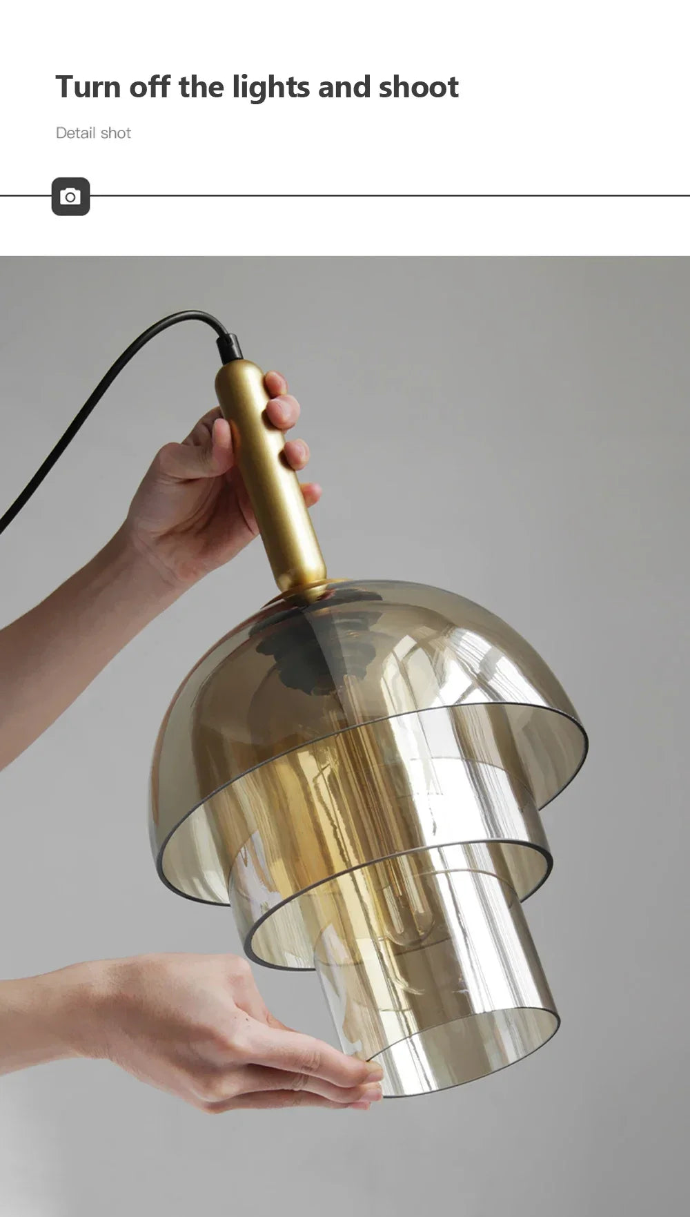 Led vintage art champagne chandelier glass pendant lamp with gold-toned layered amber shades and brass stem for living room decor