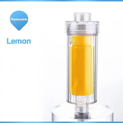 Clear cylindrical vitamin c shower filter with replaceable lemon-infused decorbites lemon vitamin cartridge