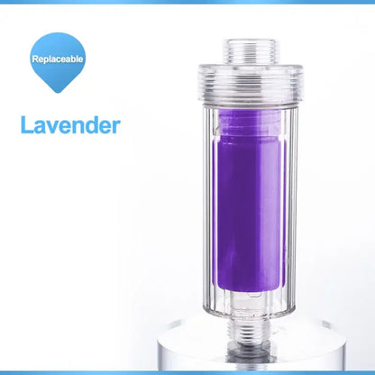 Clear cylindrical vitamin c shower filter with purple lavender cartridge and metallic caps for decorbites lemon vitamin use