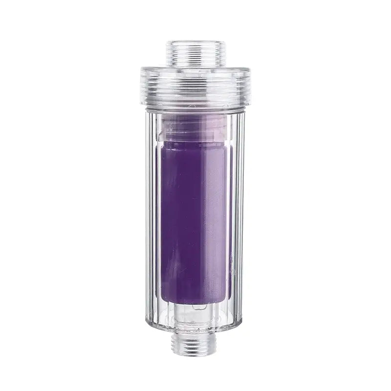 Clear cylindrical shower filter with purple cartridge and metal fittings for decorbites lemon vitamin c shower use