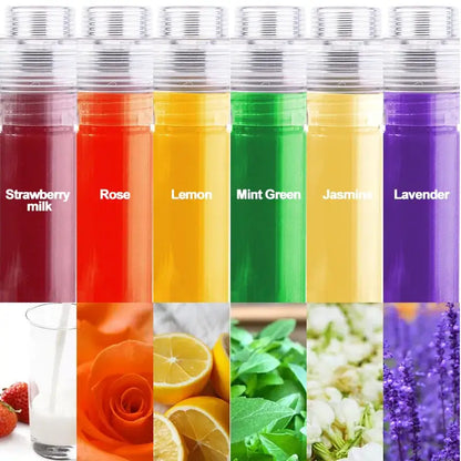 Clear plastic shower filter bottles with silver caps filled with scent labeled liquids for decorbites lemon vitamin c shower use