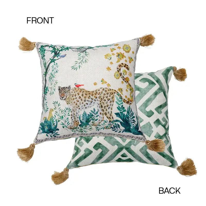 Square decorbites leopard decorative cushion cover with leopard illustration front green geometric back tan tassels