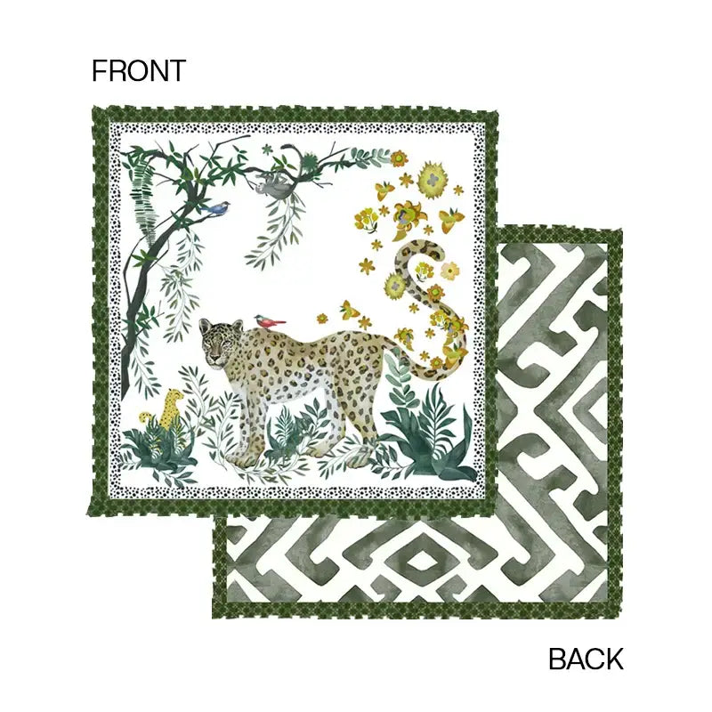 A square silk decorbites leopard decorative cushion cover with a watercolor leopard and green yellow foliage design