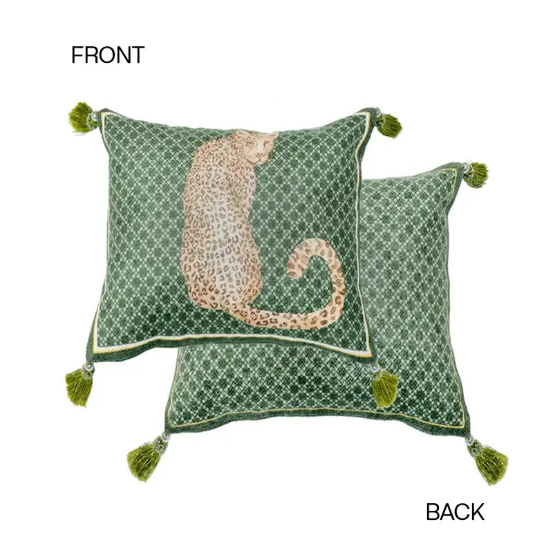 Green decorative cushion cover with beige leopard embroidery and tassels for decorbites leopard decorative pillow
