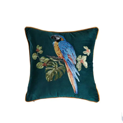 Deep teal velvet decorative pillowcase with an intricately embroidered blue and gold macaw for leopard embroidered decorbites living room
