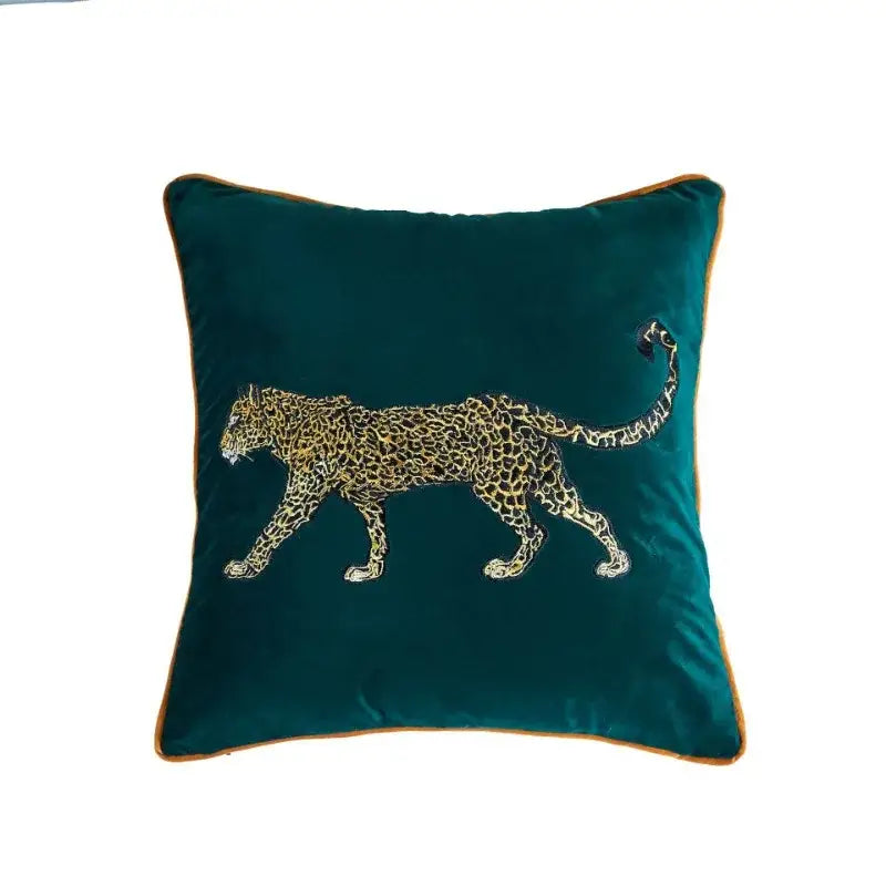 Emerald green velvet decorative pillowcase with intricately embroidered golden leopard for decorbites leopard embroidered collection