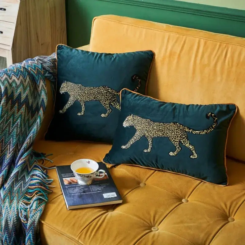 Deep teal velvet decorative pillowcase with gold leopard embroidered design for stylish living room decorbites leopard embroidered