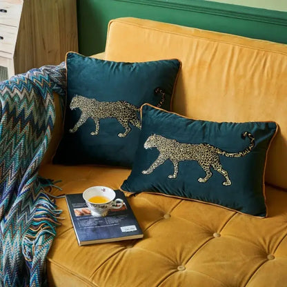 Deep teal velvet decorative pillowcase with gold leopard embroidered design for stylish living room decorbites leopard embroidered