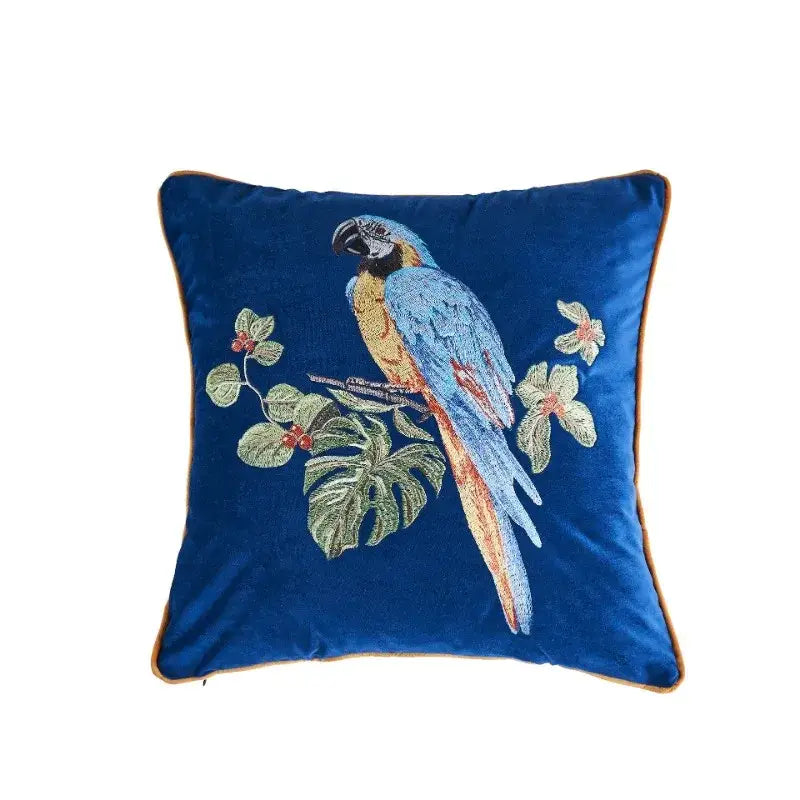 Deep blue velvet decorative pillowcase with intricately embroidered macaw for decorbites leopard embroidered decor